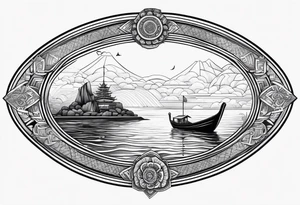 Oval frame inside thai long tail boat water under swiming turtle tattoo idea