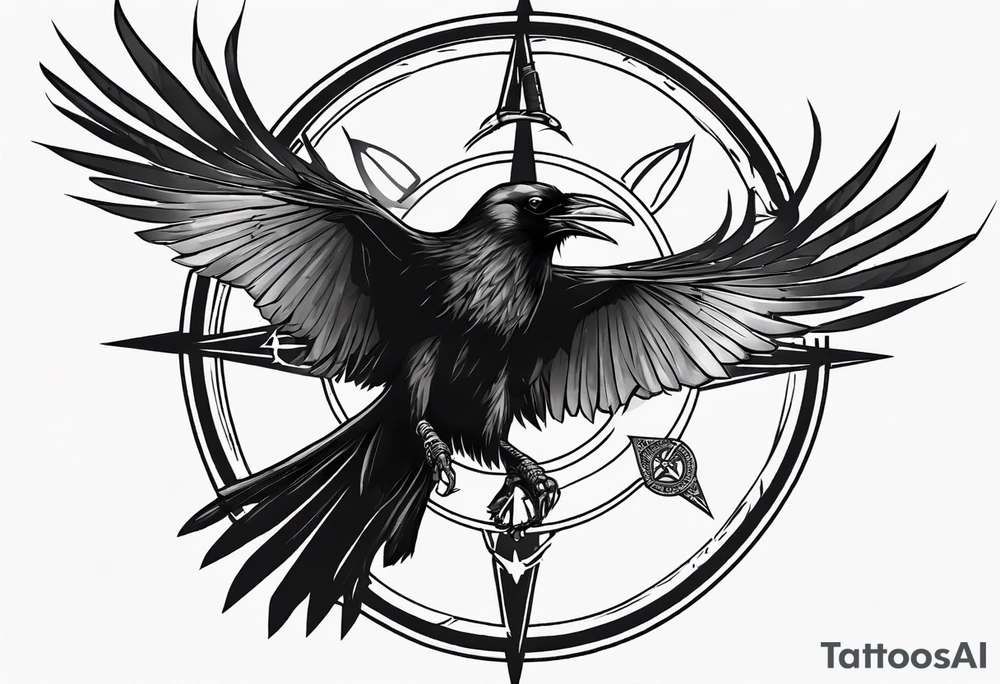 black raven with flying forward with a viking compass in the background tattoo idea