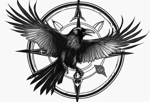 black raven with flying forward with a viking compass in the background tattoo idea