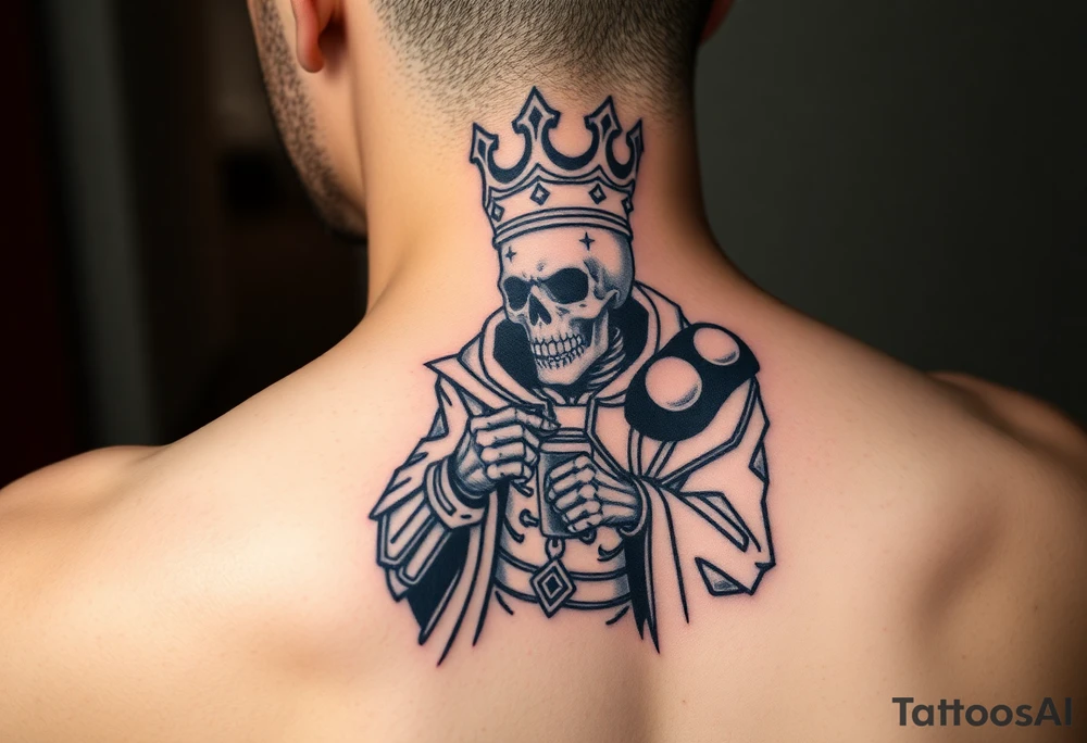 evil skeleton king in clothes getting drunk tattoo idea