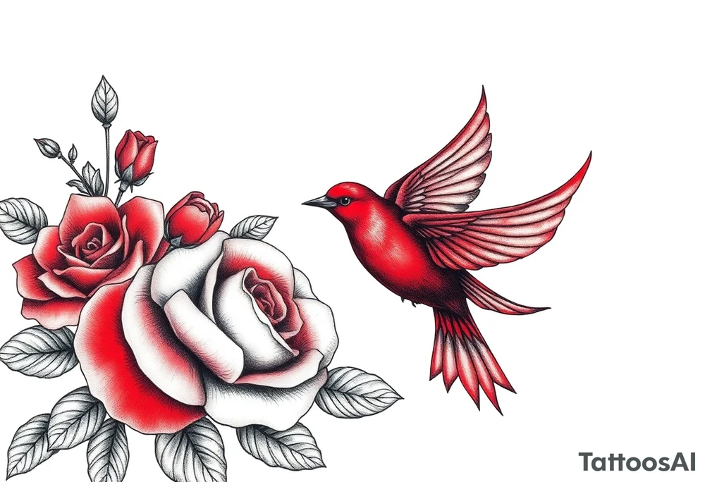 Vintage lace, red roses close together, bright red bird flying freely tattoo idea