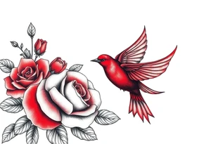 Vintage lace, red roses close together, bright red bird flying freely tattoo idea