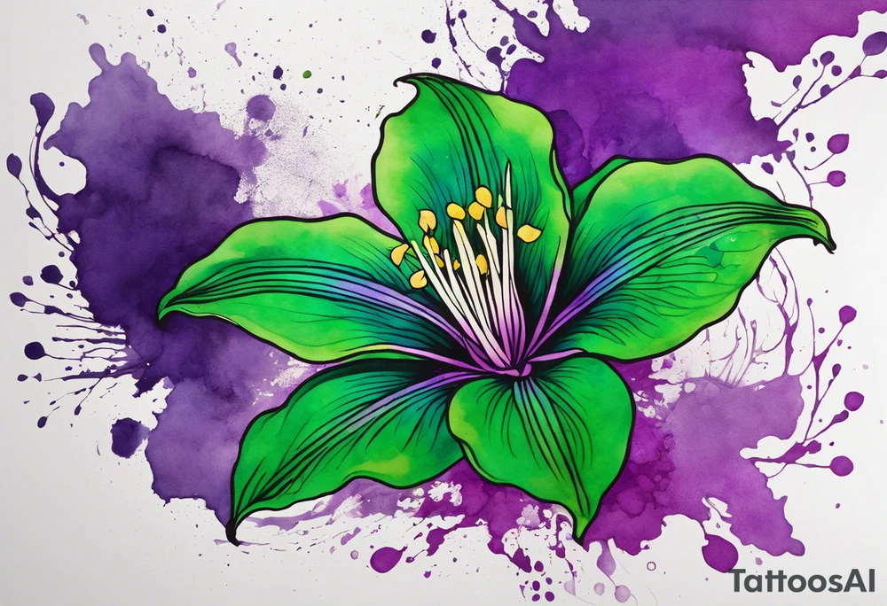 A mystical outline of a green rio dipladenia flower and a green/purple watercolor splatter in the background tattoo idea
