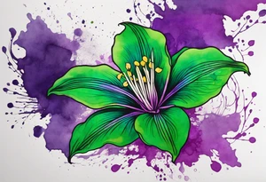 A mystical outline of a green rio dipladenia flower and a green/purple watercolor splatter in the background tattoo idea