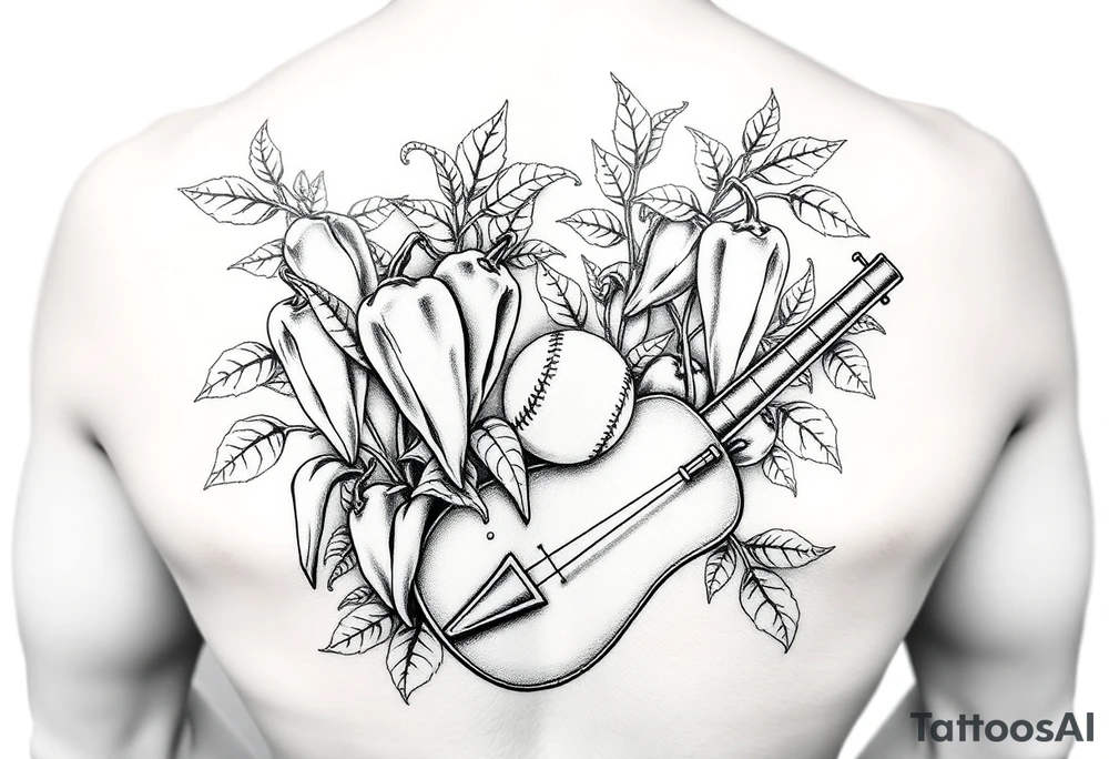 Super hot pepper plants, hot sauce, baseball, acoustic guitar, trumpet, with a gardening background tattoo idea