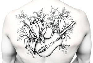 Super hot pepper plants, hot sauce, baseball, acoustic guitar, trumpet, with a gardening background tattoo idea