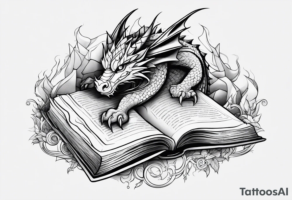 An open book with a dragon curled up and resting underneath it. tattoo idea