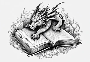 An open book with a dragon curled up and resting underneath it. tattoo idea