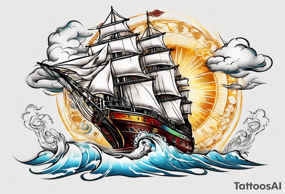 steam boat sailing out of the sun tattoo idea