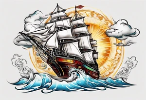 steam boat sailing out of the sun tattoo idea