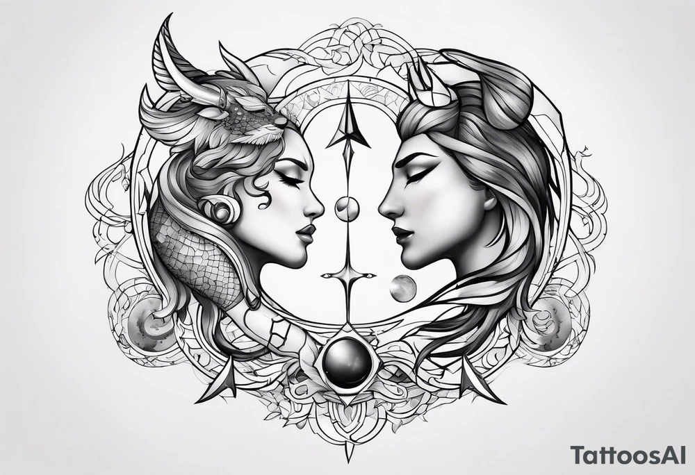 Zodiac sign Pisces and Sagittarius over 2 Leo and 2 Capricorn tattoo idea