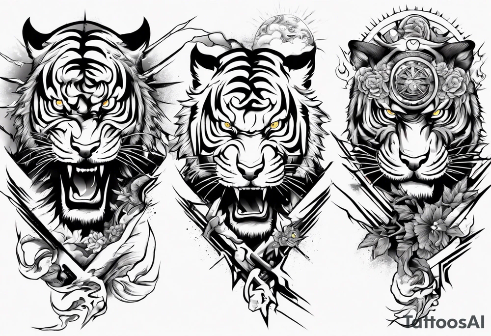 tiger warrior with lightning and the sun for a forearm sleeve tattoo idea