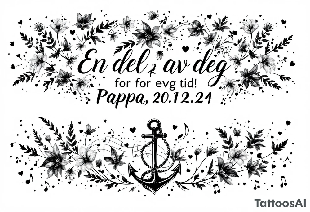 Quote in two rows; En del av deg for evig tid! Pappa, 20.12.24. Surround the quote with long gladioluses, music notes, hearts and an anchor tattoo idea