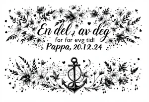 Quote in two rows; En del av deg for evig tid! Pappa, 20.12.24. Surround the quote with long gladioluses, music notes, hearts and an anchor tattoo idea