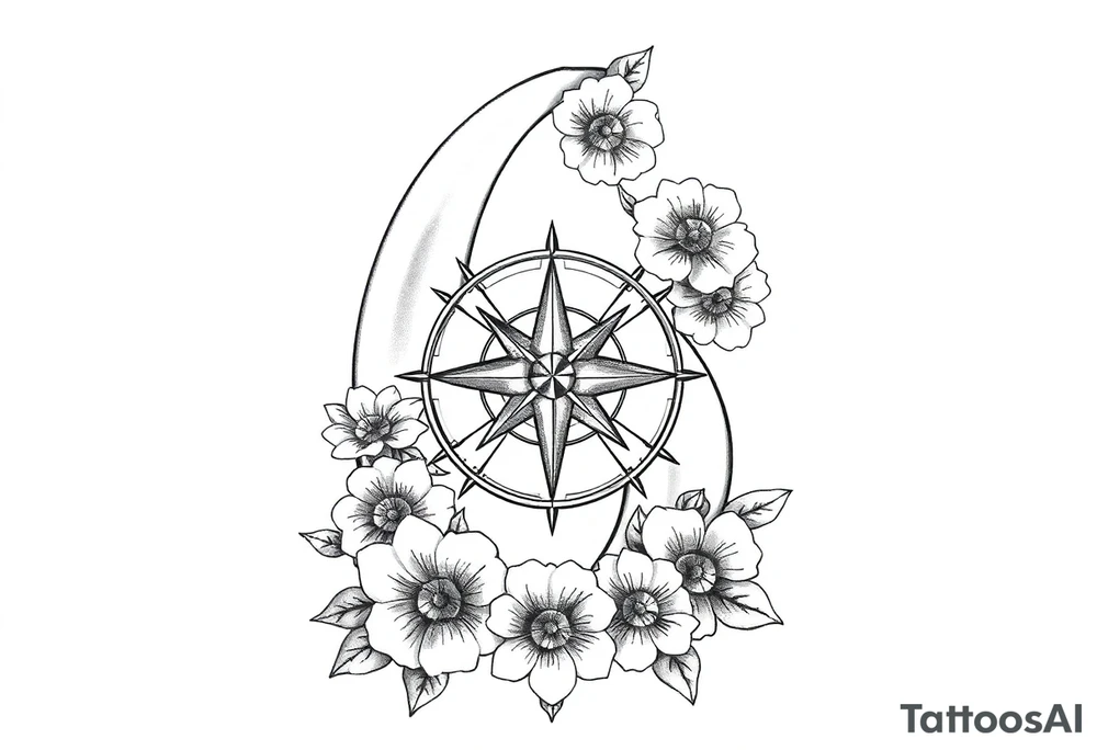 number 6 with flowers surrounding it and a nautical compass in the middle of the circle of 6 and fleur des lis as the center of the compass tattoo idea