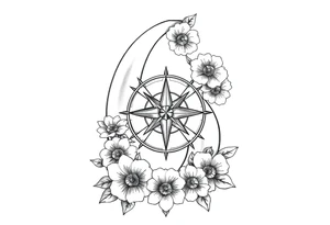number 6 with flowers surrounding it and a nautical compass in the middle of the circle of 6 and fleur des lis as the center of the compass tattoo idea
