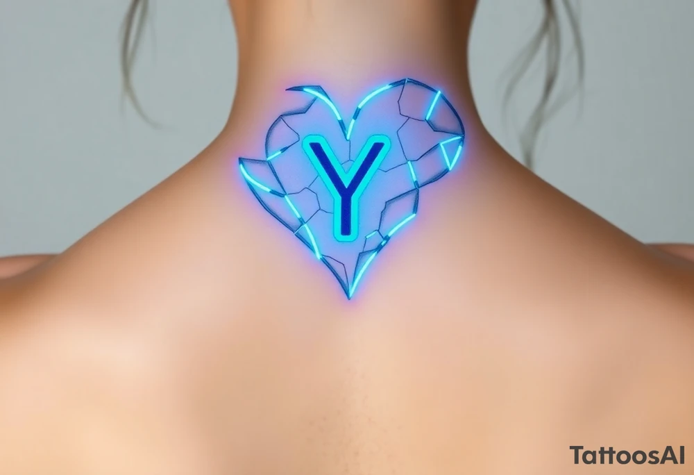 A shattered glass heart with the letter "Y" glowing in neon blue, symbolizing love’s fragility and strength. tattoo idea