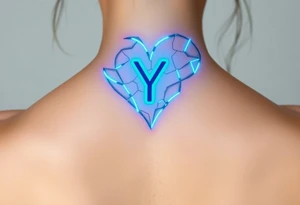 A shattered glass heart with the letter "Y" glowing in neon blue, symbolizing love’s fragility and strength. tattoo idea