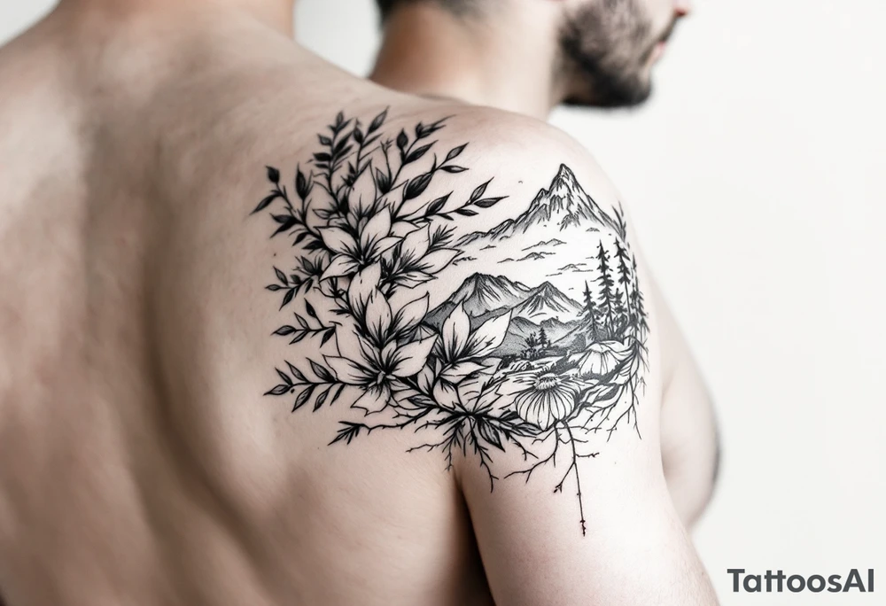 Fine line nature themed upper arm half sleeve tattoo idea