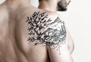 Fine line nature themed upper arm half sleeve tattoo idea