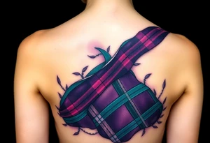 Lower chest

Dark Purple with green pink blue and white highlights tartan fabric with skin around edges peeling and wrapping around side of shoulder tattoo idea