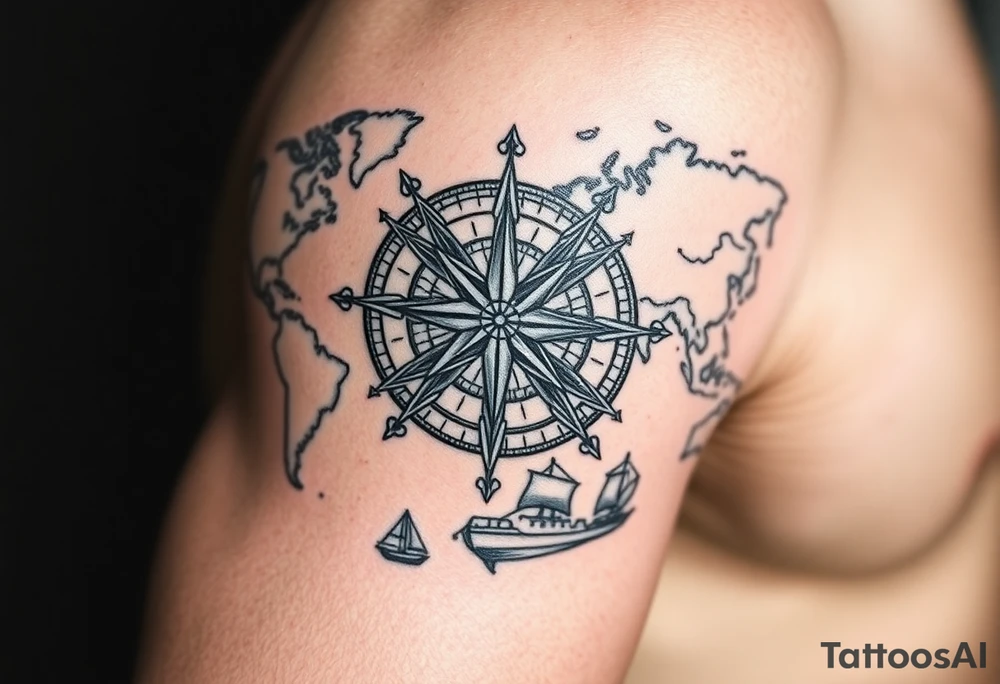 antique compass rose overlaid on weathered world map with sailing ships tattoo idea