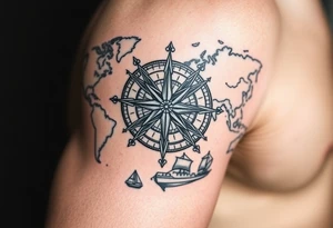 antique compass rose overlaid on weathered world map with sailing ships tattoo idea