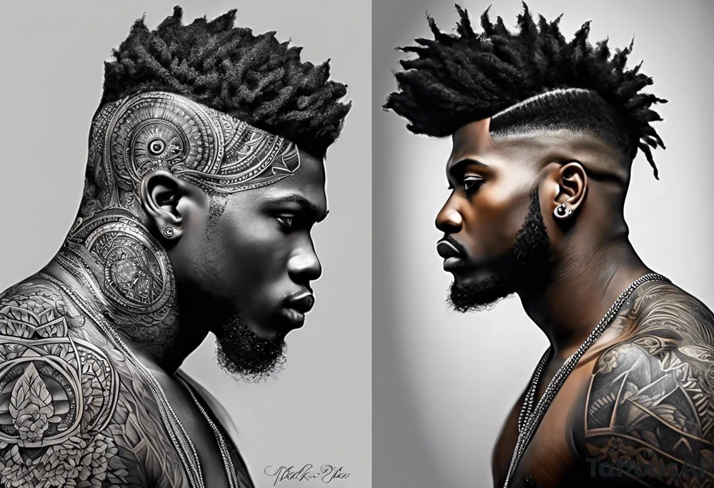 homem divindade africano realista em preto e cinza com os olhos brancos. Fundo da imagem com tons vermelhos. Usando na mão um falo de madeira com cabaças penduradas. tattoo idea