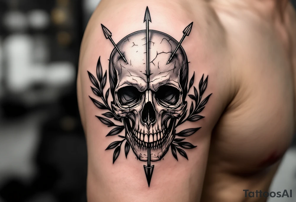 a skull whose head  be pierced by needles and under the head come out an  arrow and surrounded  by two olive tree leaf around tattoo idea