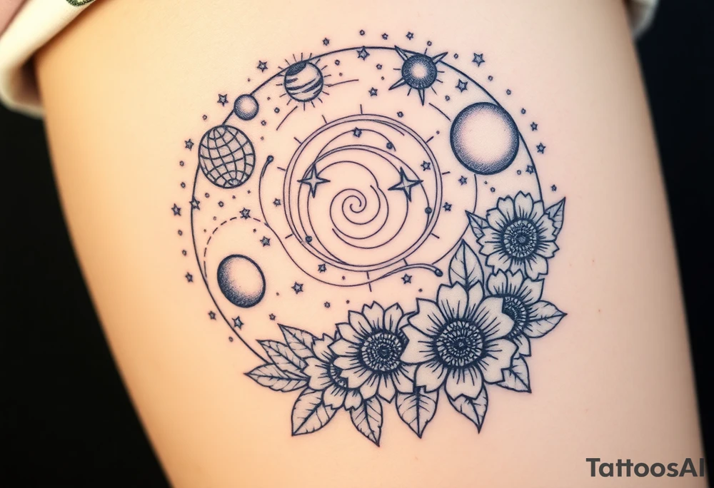 Milky way galaxy with planets with zodiac symbols and protection runes in it with tigerlillies roses and sunflowers tattoo idea