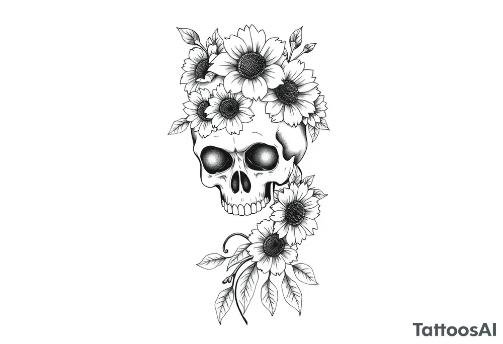 ornate skull adorned with wild roses and sunflowers tattoo idea