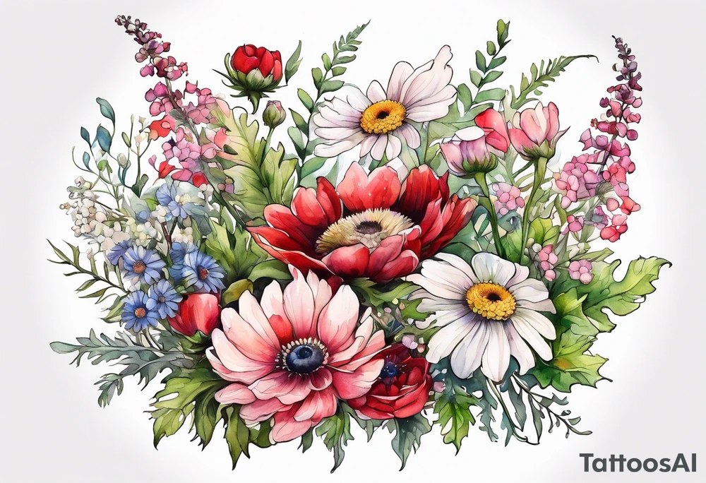 wildflowers cascading with thistles, ferns, white anemones, sun flowers, buttercups, pink flowers, red flowers, babys breath and daisies all in watercolor tattoo idea