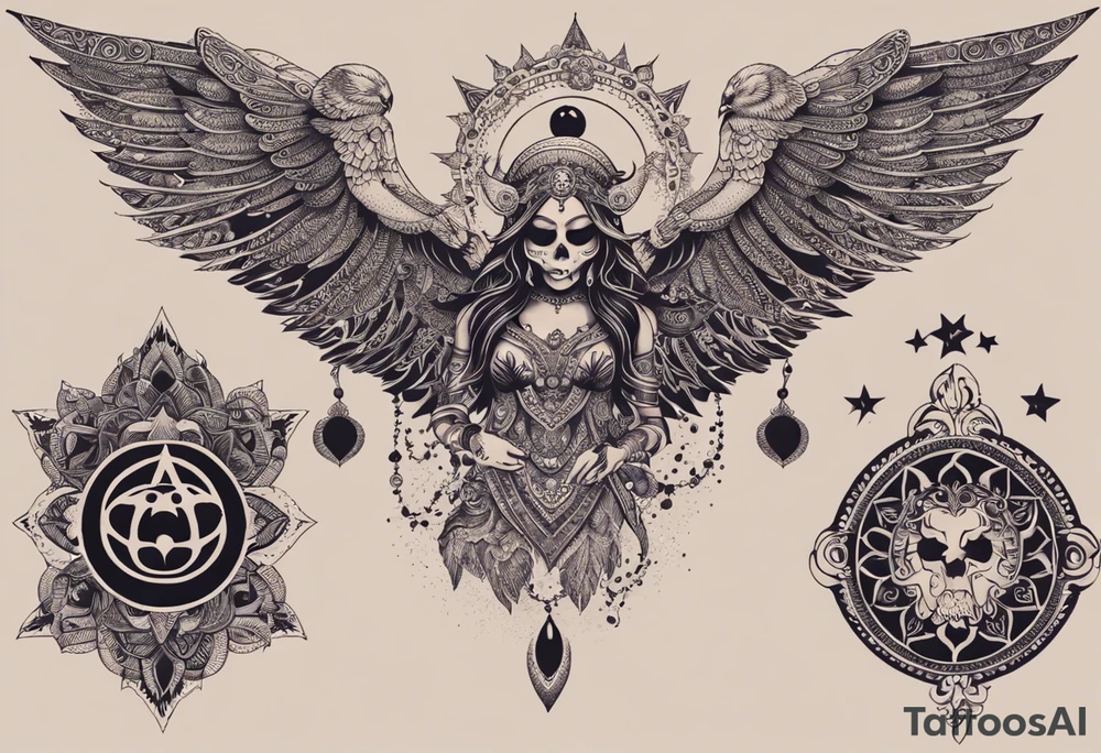 black kali, goddess pirate, alien, angel, pachamama, valkrye, warrior, flying, skull, lotus azul, wing, eagle, zenza resonance, stars, 5D, anahata chakra, death, durga, riding on a tiger, flying lady, kundalini, chest tatoo tattoo idea