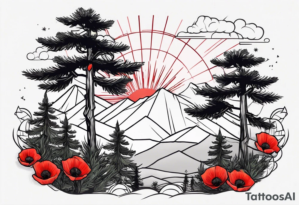 a forest of pine trees with a small poppy in front and the korean word for patience tattoo idea