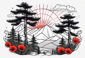 a forest of pine trees with a small poppy in front and the korean word for patience tattoo idea