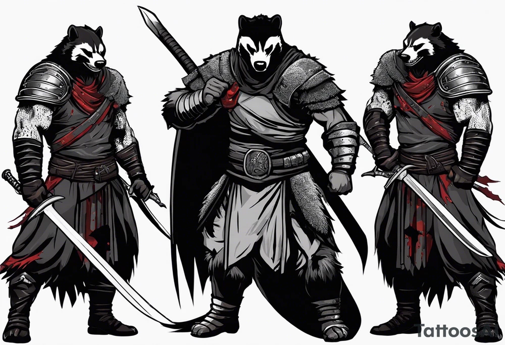 Draw me psychopath Honey Badger/Berserker/Assassin with aggressive full body, killer face with a scary smile, very long nails and he attacks like a Bloody Assassin/Warrior/Gladiator to us and also, he has very deadly looking. He fights with his nails only. Everybody scares after their first sight. Give me horror type Badger Tattoo. I want to see his Realistic full body with no weapons. You can show destruction at the back. tattoo idea