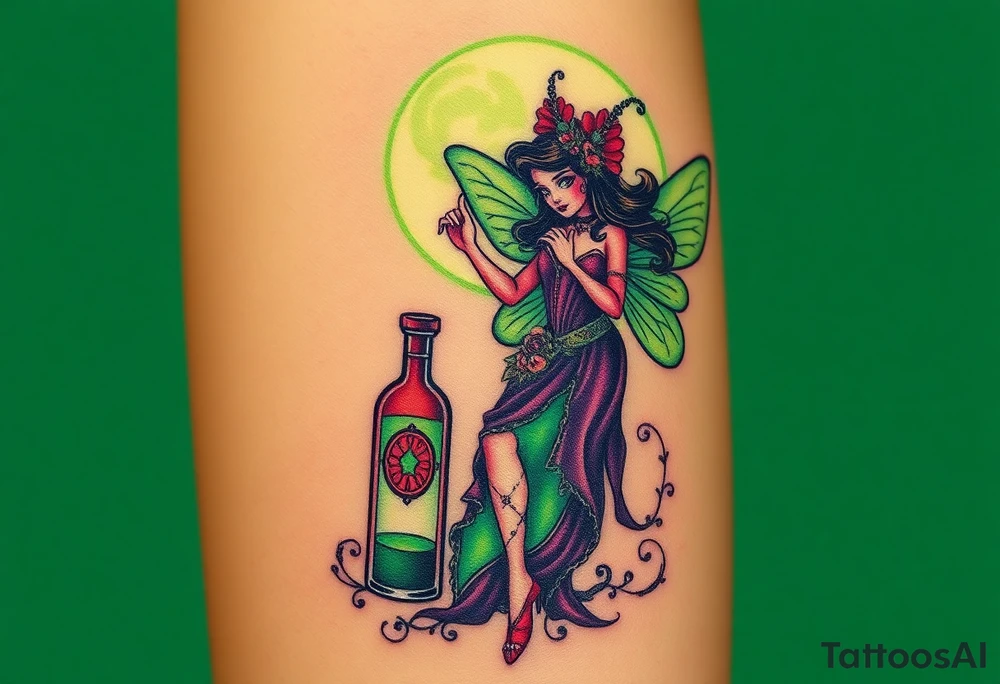Tim Burton’s pin up style Vintage Parisian elegant and hauntingly beautiful yet eerie full body absinthe Green Fairy dances outside her victorian crystal decatur absinthe bottle Absinthe Art Nouveau   and dripping with muted reds, dusty pinks, and eerie green glow.purple and cyan smokey clouds swirl in the crescent moonlit sky thats sprinkled with stars tattoo idea