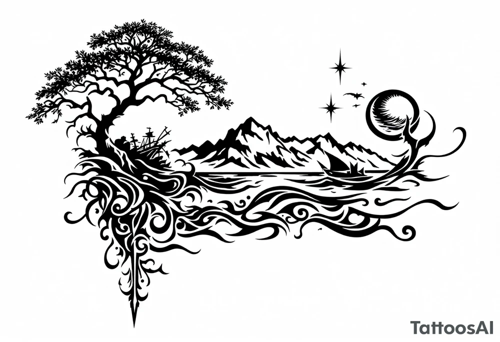 tattoo that has an acacia tree with mountains, ocean with a ship wreck with sharks and the bright northern star tattoo idea