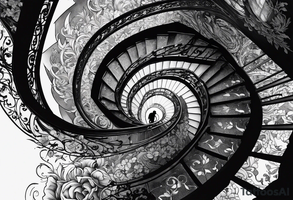 Man walking up a Deteriorating spiral stair case with falling steps tattoo idea