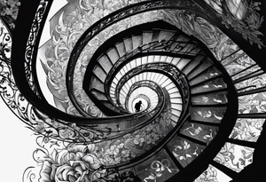 Man walking up a Deteriorating spiral stair case with falling steps tattoo idea