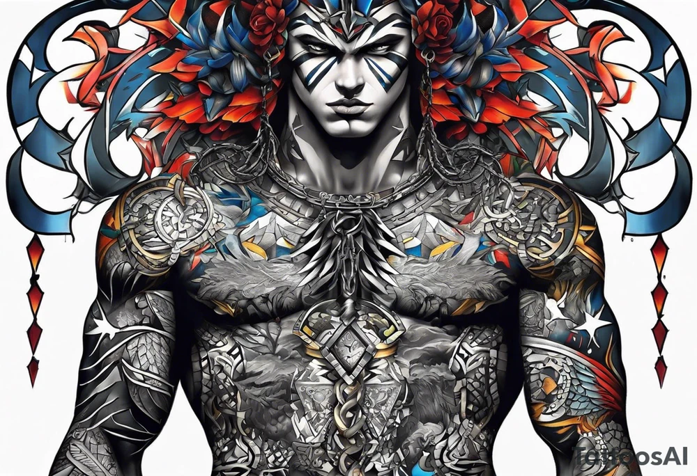 Wide tattoo that appears to be bursting out of the skin, symbolizing freedom with broken chains. The tattoo should be vibrant and dynamic, with bold lines and colors that evoke a sense of liberation and empowerment. The tattoo should be visually striking and thought-provoking. tattoo idea
