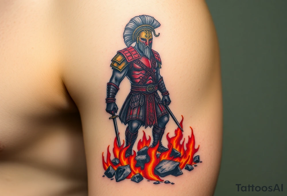 A battle-worn Ares in crimson and black armor, standing atop a battlefield engulfed in fiery orange and deep red flames tattoo idea