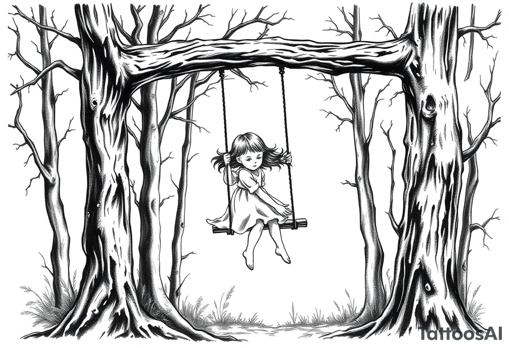 creepy little girl in the woods on a rope swing tattoo idea