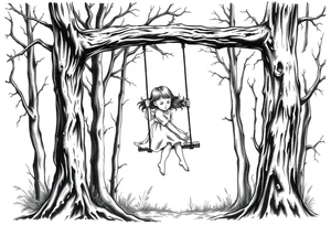 creepy little girl in the woods on a rope swing tattoo idea