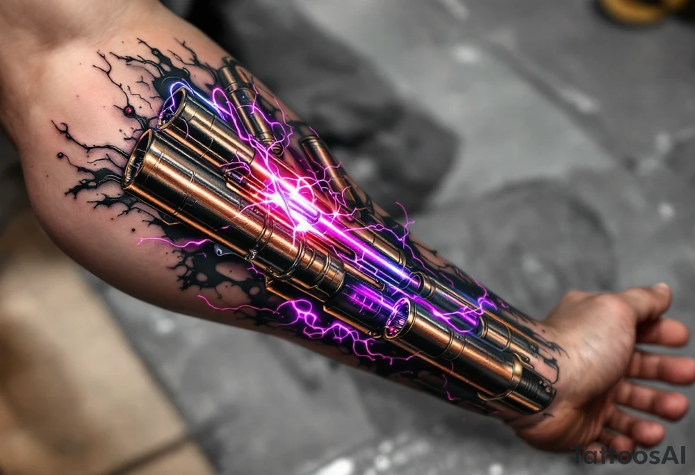 A vibrant design featuring copper tubes and violet plasma lines integrated into the skin’s anatomy. tattoo idea
