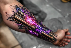 A vibrant design featuring copper tubes and violet plasma lines integrated into the skin’s anatomy. tattoo idea