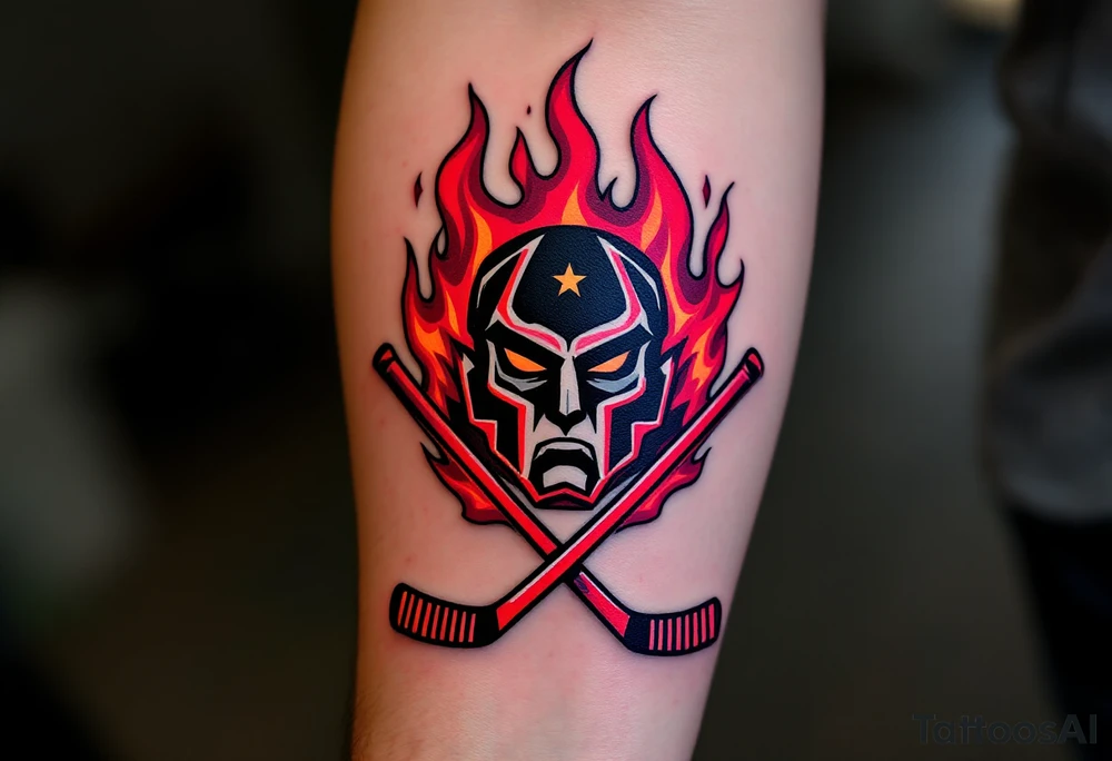 A bold black-and-burgundy Sparta Praha logo with red flames surrounding it and crossed hockey sticks beneath. tattoo idea