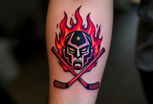 A bold black-and-burgundy Sparta Praha logo with red flames surrounding it and crossed hockey sticks beneath. tattoo idea
