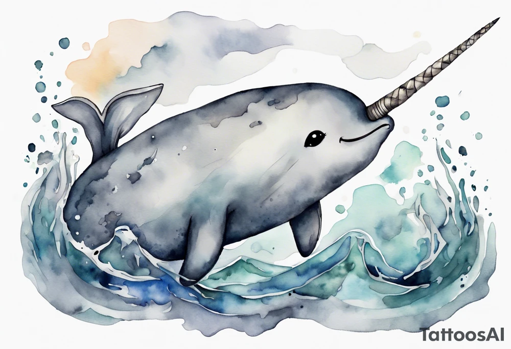 a watercolor painting of a narwhal in a grey sea tattoo idea