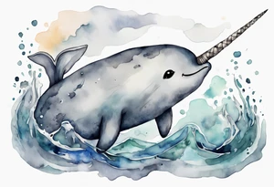 a watercolor painting of a narwhal in a grey sea tattoo idea